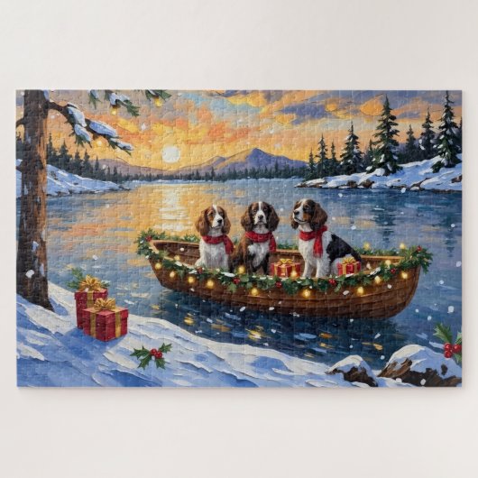 Puzzle Noël en bateau avec un Brittany Spaniel (Horizontal)