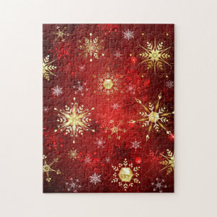 Puzzle Noël Golden Snowflakes sur Arrière - plan rouge