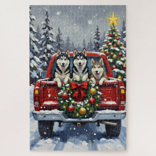 Puzzle Noël Husky Sibérien Camion Rouge Fêtes