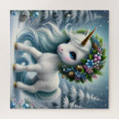 Puzzle Noël mignonne licorne blanche avec corne d'or (Horizontal)