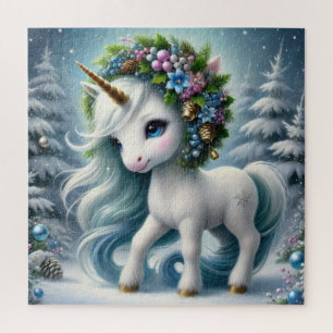 Puzzle Noël mignonne licorne blanche avec corne d'or
