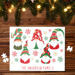 Puzzle Noël personnalisé Gnomes<br><div class="desc">Un puzzle de Noël amusant personnalisé avec cinq mignons gnomes de style scandinave amusants avec un casquette rouge et vert de saison entouré de flocons de neige rouge,  vert et or. Vous pouvez facilement personnaliser avec un nom en bas.</div>