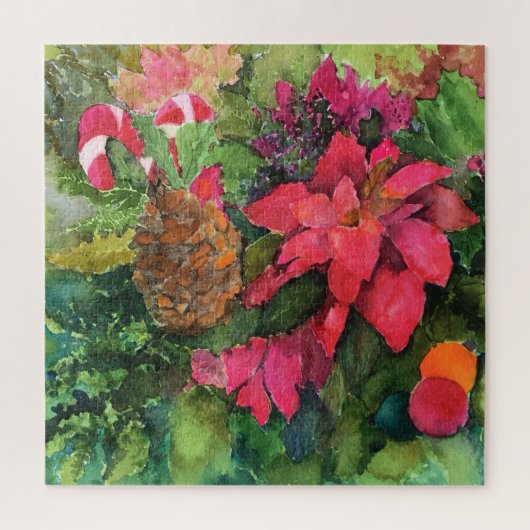 Puzzle Noel Poinsettia peinture aquarelle originale (Vertical)