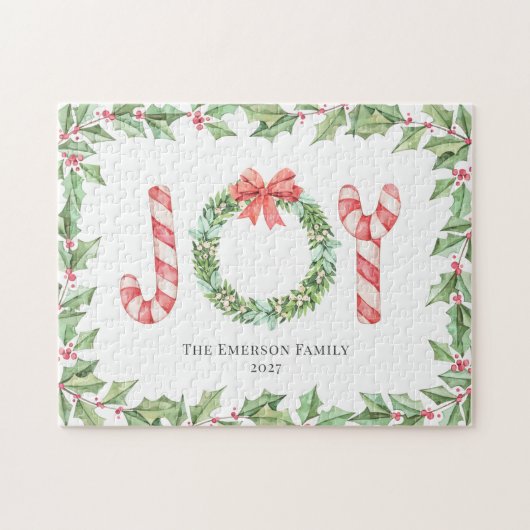 Puzzle Noël Rouge Joy Aquarelle Verdure de la couronne (Horizontal)