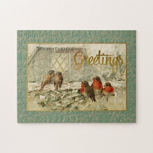 Puzzle Noël Salutations Oiseaux Reproduction Vintage (Horizontal)