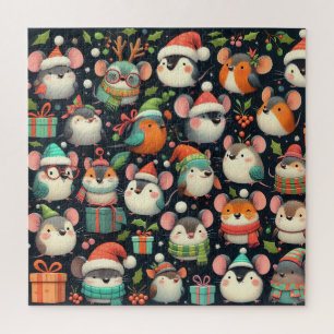 Puzzle Noël Souris colorées mignonnes, cadeaux et rouges-