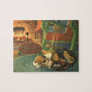 Puzzle Noël vintage, Animaux endormis près de la cheminée