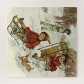 Puzzle Noël Vintage, Enfants Victoriens Dormir Chien (Horizontal)