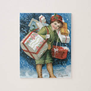 Puzzle Noël vintage, fille avec des cadeaux dans la neige
