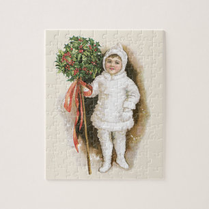 Puzzle Noël vintage, fille victorienne avec houx