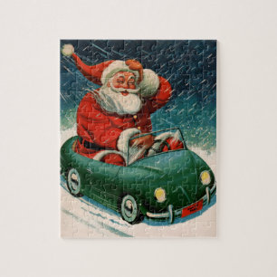 Puzzle Noël vintage, le Père Noël dans une voiture mignon