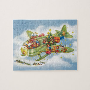 Puzzle Noël vintage, le Père Noël vole un avion