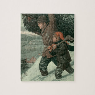 Puzzle Noël vintage, père et fils coupent un arbre