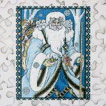 Puzzle Noël Vintage, Père Noël Bleu avec Snowglobe<br><div class="desc">Illustration vintage style victorien Joyeux Noël design avec un joyeux Père Noël dans la forêt. Saint Nicolas est habillé d'un manteau bleu tenant un globe de neige d'une main, et d'une canne de l'autre. Un mignon ours en peluche est accroché à son manteau et un sac de jouets est au-dessus...</div>