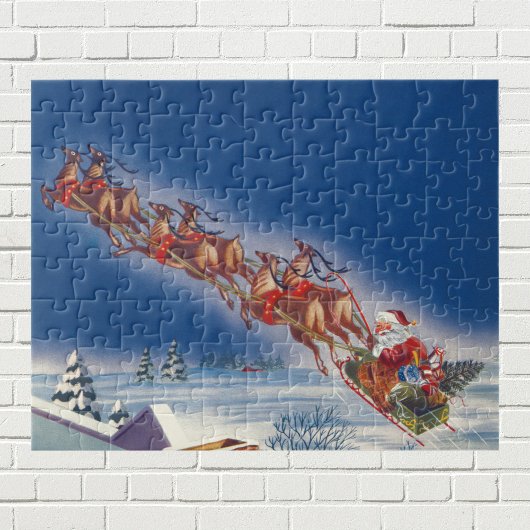 Puzzle Noël Vintage, Père Noël Flying Sleigh w Reindeer