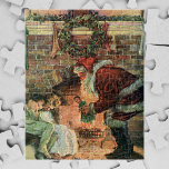 Puzzle Noël Vintage, Père Noël Victorien Enfants<br><div class="desc">Illustration vintage Victorian Joyeux Noël image montrant un joyeux Père Noël livrant des jouets à deux enfants endormis près de la cheminée le soir de Noël. La petite fille reçoit une poupée en jouet. Une couronne feuille sainte est suspendue sur le manteau au-dessus du feu.</div>