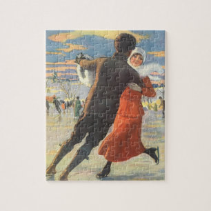 Puzzle Noël Vintage, Romantique Couple Patinage sur glace