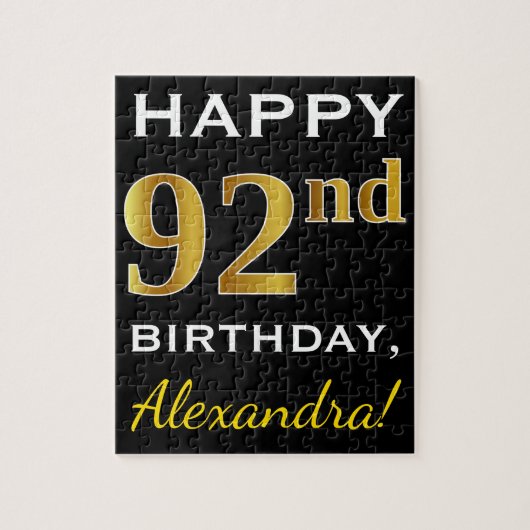Puzzle Noir, Faux Gold 92e anniversaire + Nom personnalis (Vertical)