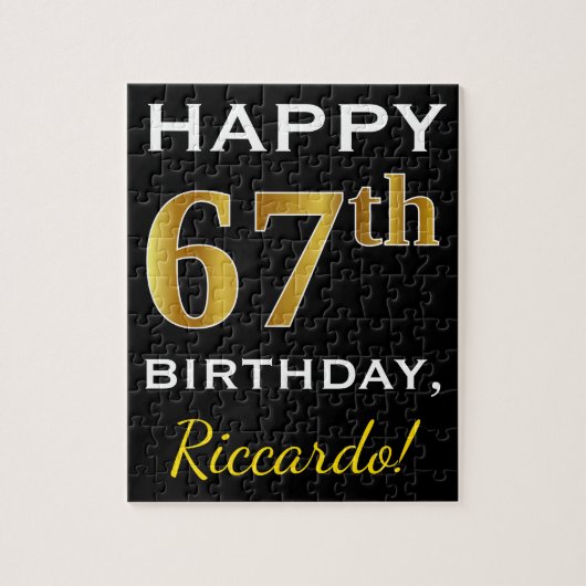 Puzzle Noir, Faux Or 67e anniversaire + Nom personnalisé (Vertical)