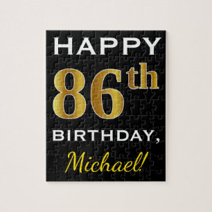 Puzzle Noir, Faux Or 86e anniversaire + Nom personnalisé