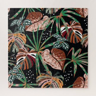 Puzzle Noir tropical : Motif de forêt exotique foncé