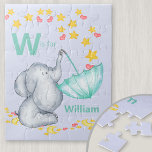 Puzzle Nom alphabet personnalisé Cute Elephant Boys<br><div class="desc">Joli puzzle d'éléphant pour votre petit garçon avec nom alphabet personnalisé. Le modèle est configuré pour vous pour ajouter votre nom et votre initiale, qui est écrit en caractères gras. Le design a un joli éléphant attrapant des étoiles en chute et les coeurs d'amour dans un parapluie. Il a une...</div>