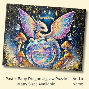 Puzzle Nom, bébé dragon pastel rose bleu sur fond sombre