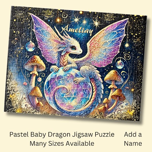 Puzzle Nom, bébé dragon pastel rose bleu sur fond sombre