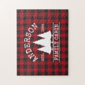 Puzzle Nom de famille Cabine Red Buffalo Plaid Pine Trees (Vertical)