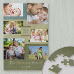 Puzzle Nom de famille et année 6 Photo Collage Vert Bleu<br><div class="desc">Puzzle personnalisé avec 6 de vos propres photos, votre nom de famille, votre initiale et l'année. Le design comprend des photos de carré et des photos de paysage sur un arrière - plan de vert olive, vert sauge et bleu côtier. Joli cadeau familial et avec plus de 1000 pièces, fait...</div>