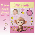 Puzzle Nom de la photo du singe rose jaune enfants<br><div class="desc">Puzzle de 30 pièces pour enfants. Avec un mignon singe,  avec des étoiles et des coeurs d'amour. Ajoutez un nom,  une initiale et une photo. Plan de couleurs : rose et jaune Idée cadeau pour enfants.</div>