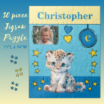 Puzzle Nom de la photo leopard bleu jaune enfants<br><div class="desc">Puzzle de 30 pièces pour enfants. Doté d'un mignon léopard,  d'étoiles et de coeurs d'amour. Ajoutez un nom,  une initiale et une photo. Plan de couleurs : bleu et jaune Idée cadeau pour enfants.</div>