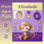 Puzzle Nom de la photo mignon singe jaune violet enfants<br><div class="desc">Puzzle de 30 pièces pour enfants. Avec un mignon singe,  avec des étoiles et des coeurs d'amour. Ajoutez un nom,  une initiale et une photo. Modèle de couleur : violet et jaune idée cadeau pour enfants.</div>