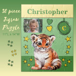 Puzzle Nom de la photo tigre vert jaune enfants<br><div class="desc">Puzzle de 30 pièces pour enfants. Avec un tigre mignon,  avec des étoiles et des coeurs d'amour. Ajoutez un nom,  une initiale et une photo. Modèle de couleurs : vert et jaune Idée cadeau pour enfants.</div>