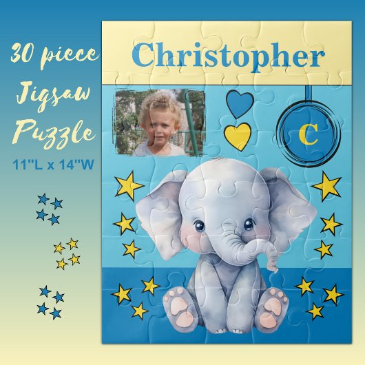 Puzzle Nom de l'éléphant mignon photo enfants bleu jaune