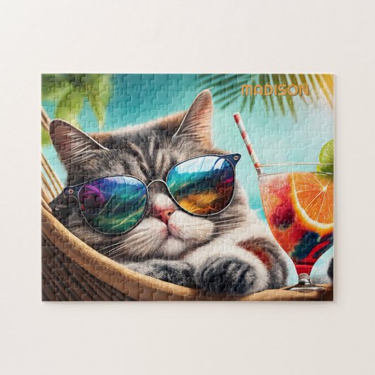 Puzzle Nom personnalisé Chat de vacances (Horizontal)