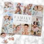 Puzzle Nom personnalisé Famille Photo Collage<br><div class="desc">Ce puzzle photo simple et élégant est une façon amusante et significative de mettre en valeur des souvenirs chéris. Le design dispose d'espace pour huit photos, disposées dans une bordure autour des bords, tout en gardant l'accent sur le texte significatif au centre. Au centre, "Famille" s'affiche dans une police serif...</div>
