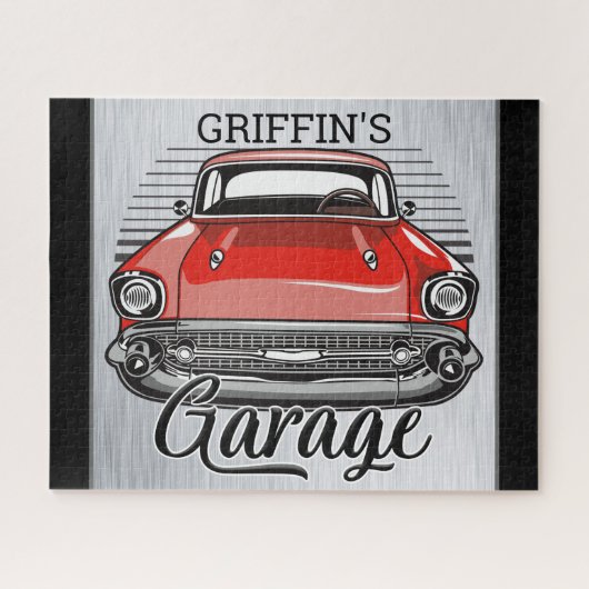 Puzzle NOM personnalisé Retro Red Classic Car Garage (Horizontal)