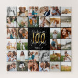 Puzzle Nouveau 100e anniversaire multi photo script cadea<br><div class="desc">Un script multi photo minimaliste moderne cadeau coussin 100e anniversaire. Un cadeau idéal pour les mamans,  papas,  grand,  grand-père de n'importe quel membre de la famille. Texte élégant et étonnant. Design noir,  blanc et or.</div>
