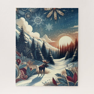 Puzzle Nuit de neige Moose Forest Mountains Boho Motif