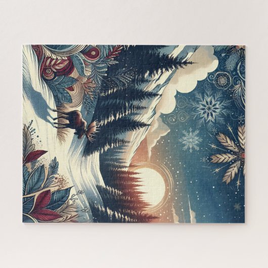 Puzzle Nuit de neige Moose Forest Mountains Boho Motif (Horizontal)