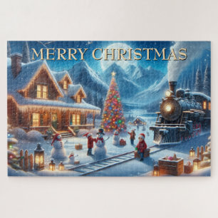 Puzzle Nuit d'hiver enneigée avec train de Noël et bonhom