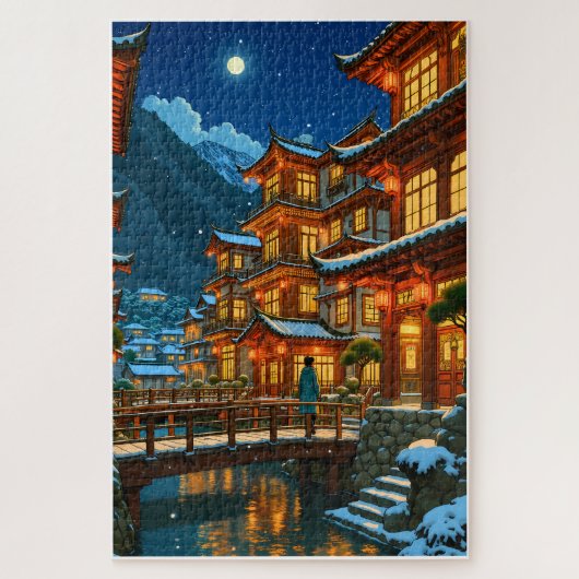 Puzzle Nuit d'hiver romantique dans une ville Onsen japon (Vertical)