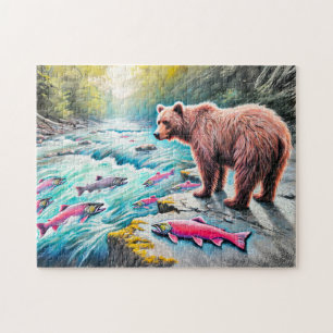 Puzzle Observation de l'ours brun saumon pastel à la crai