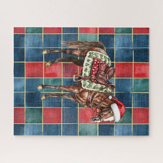 Puzzle Occidental Blue Red Cowboy Cheval Cowgirl Noël (Horizontal)