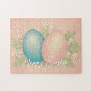Puzzle OEufs pâques bleu et rose et fleurs printanières