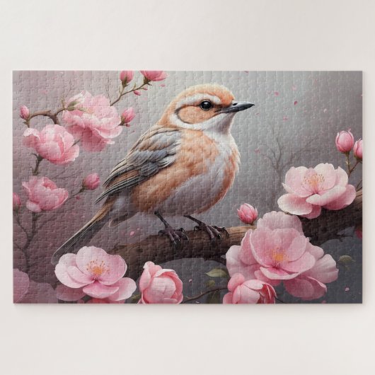 Puzzle Oiseau beige doux avec fleurs roses (Horizontal)