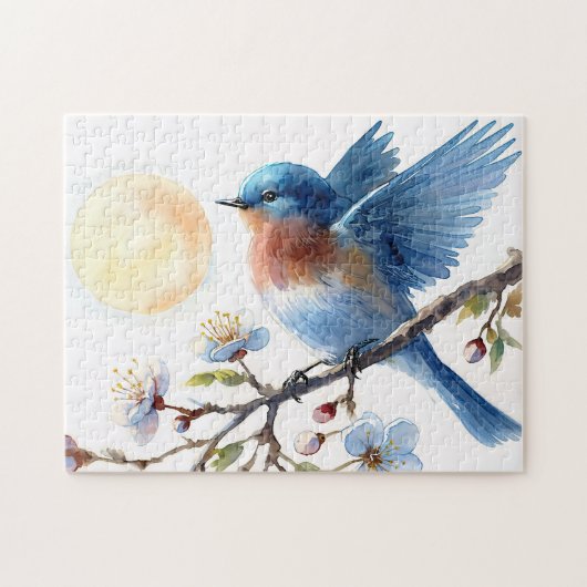 Puzzle Oiseau bleu Art de la floraison printanière (Horizontal)