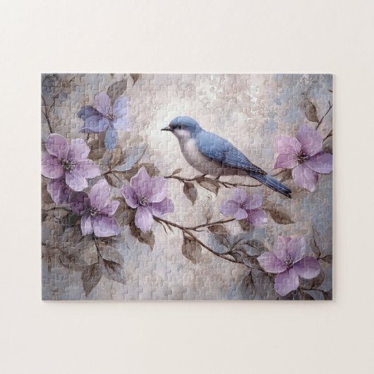 Puzzle Oiseau bleu aux fleurs violettes (Horizontal)