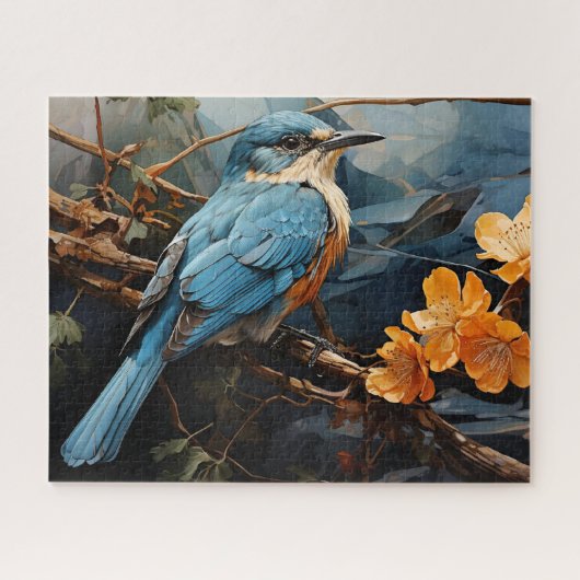 Puzzle Oiseau bleu et fleurs jaunes (Horizontal)